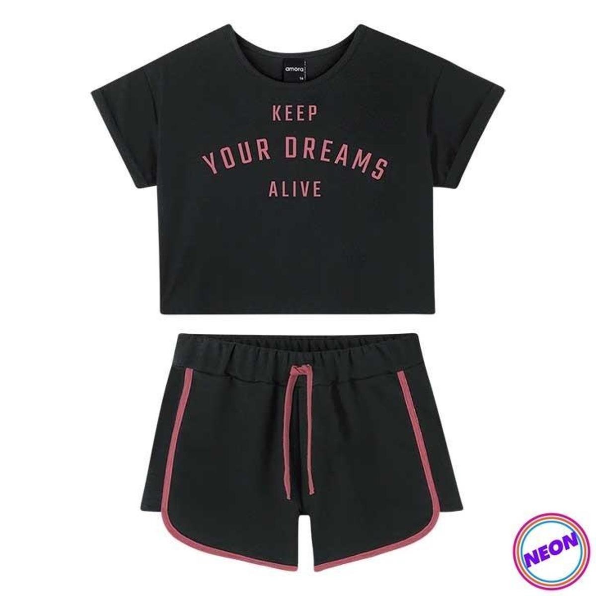 Conjunto Juvenil Blusa Cropped Feminino Verão - Amora by Kyly - Preto Menor preço em Conjunto Juvenil Blusa Cropped Feminino Verão - Amora by Kyly - Preto