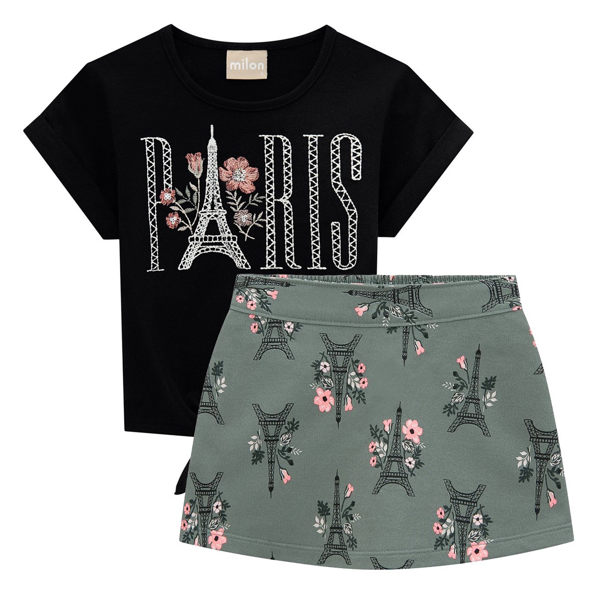 Conjunto Juvenil Milon Blusa Nó +Shorts Saia Moletinho Feminino - Preto Menor preço em Conjunto Juvenil Milon Blusa Nó +Shorts Saia Moletinho Feminino - Preto