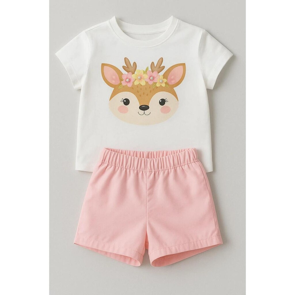 Conjunto Kukie Infantil Blusa Cervo Shorts Rosa Fofo Menina