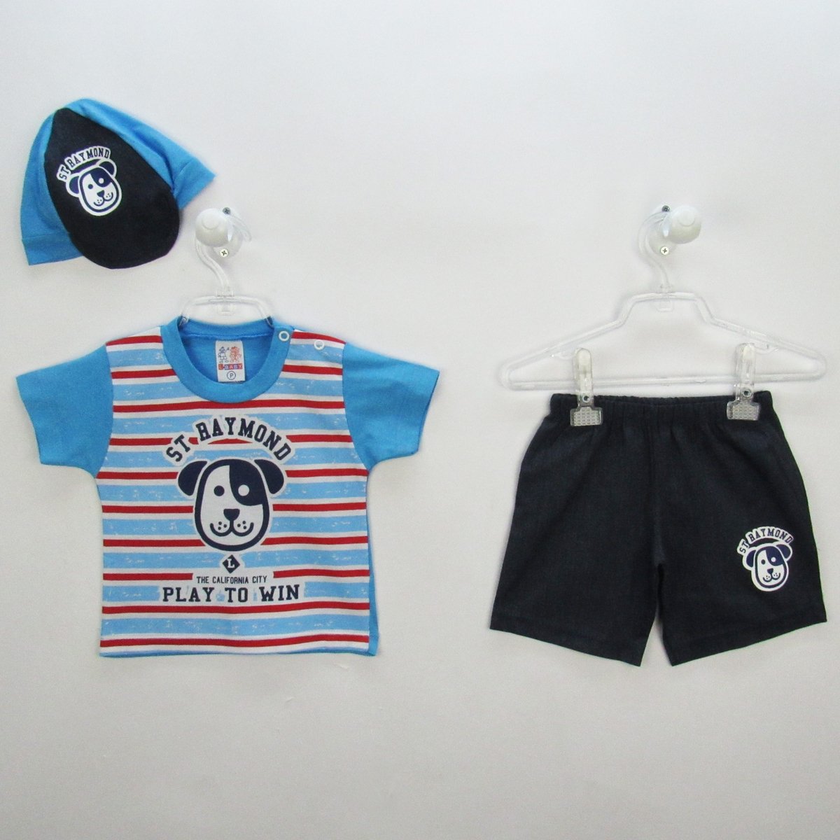 Conjunto L.Baby Camiseta Listrada e Bermuda Jeans com Boné Cachorro - Azul Menor preço em Conjunto L.Baby Camiseta Listrada e Bermuda Jeans com Boné Cachorro - Azul