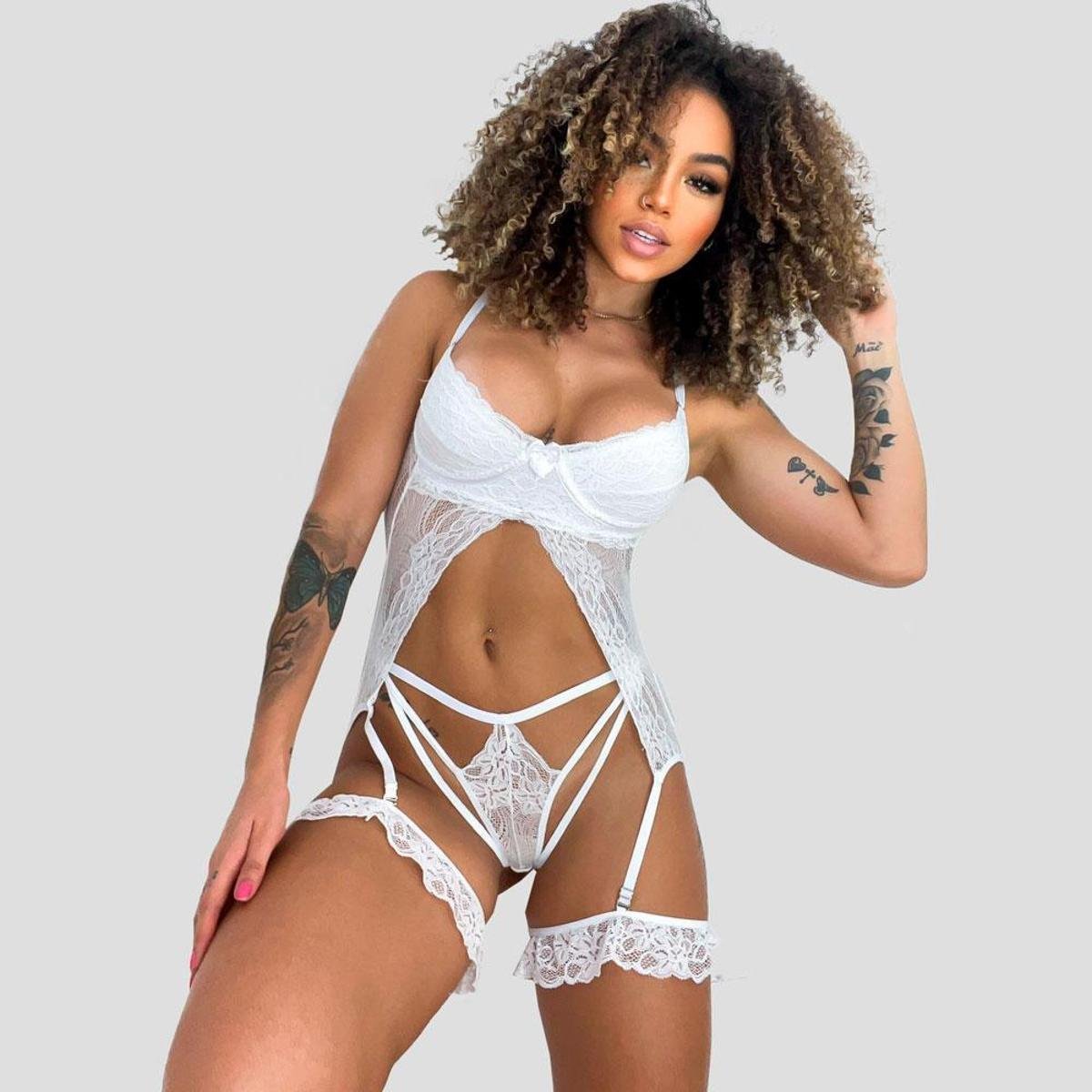 Conjunto Lingerie Completo Com Cinta Liga Menor preço em Conjunto Lingerie Completo Com Cinta Liga