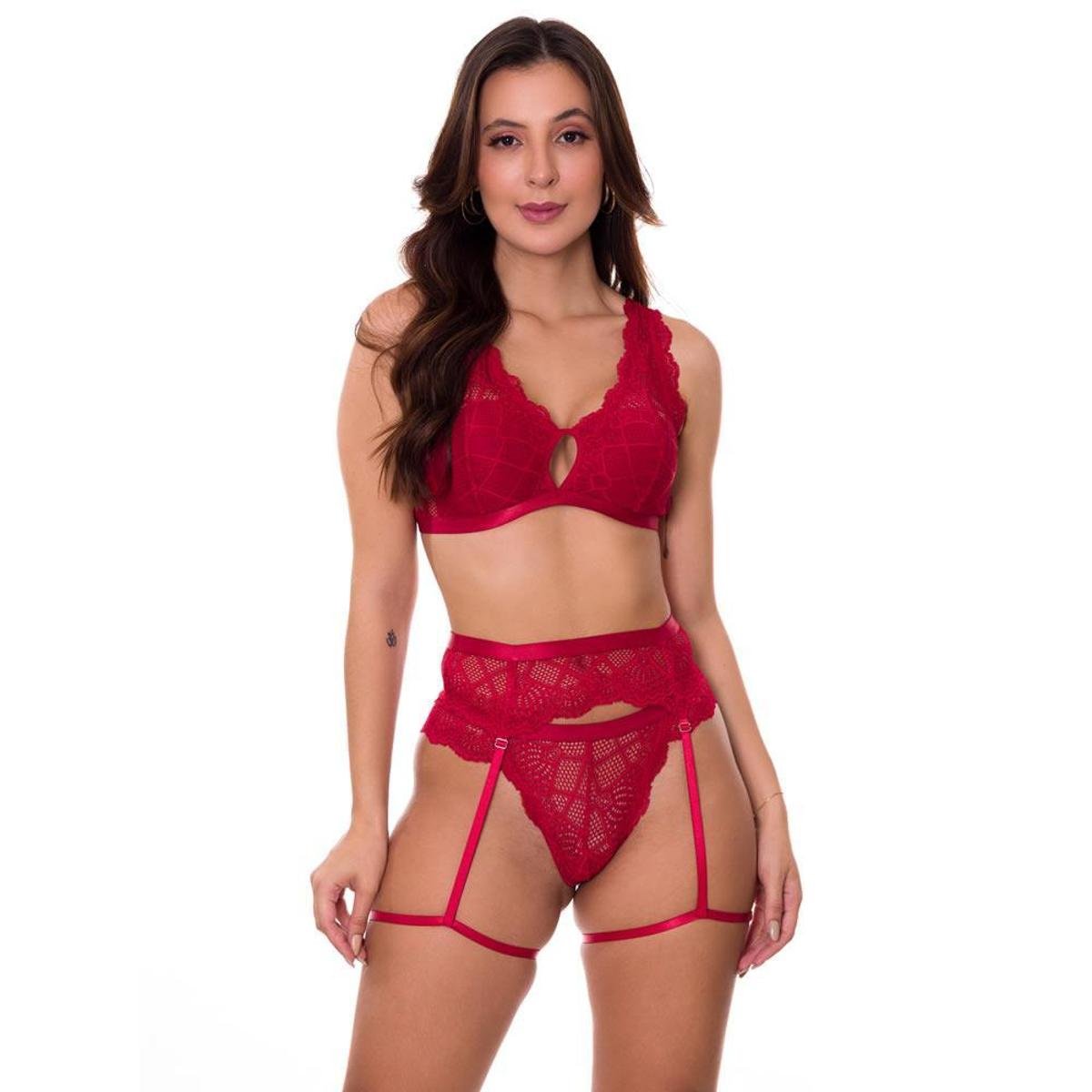 Conjunto Lingerie Sensual Sem Bojo com Cinta Liga Estilo Sedutor - VC5035 - Vermelho Menor preço em Conjunto Lingerie Sensual Sem Bojo com Cinta Liga Estilo Sedutor - VC5035 - Vermelho