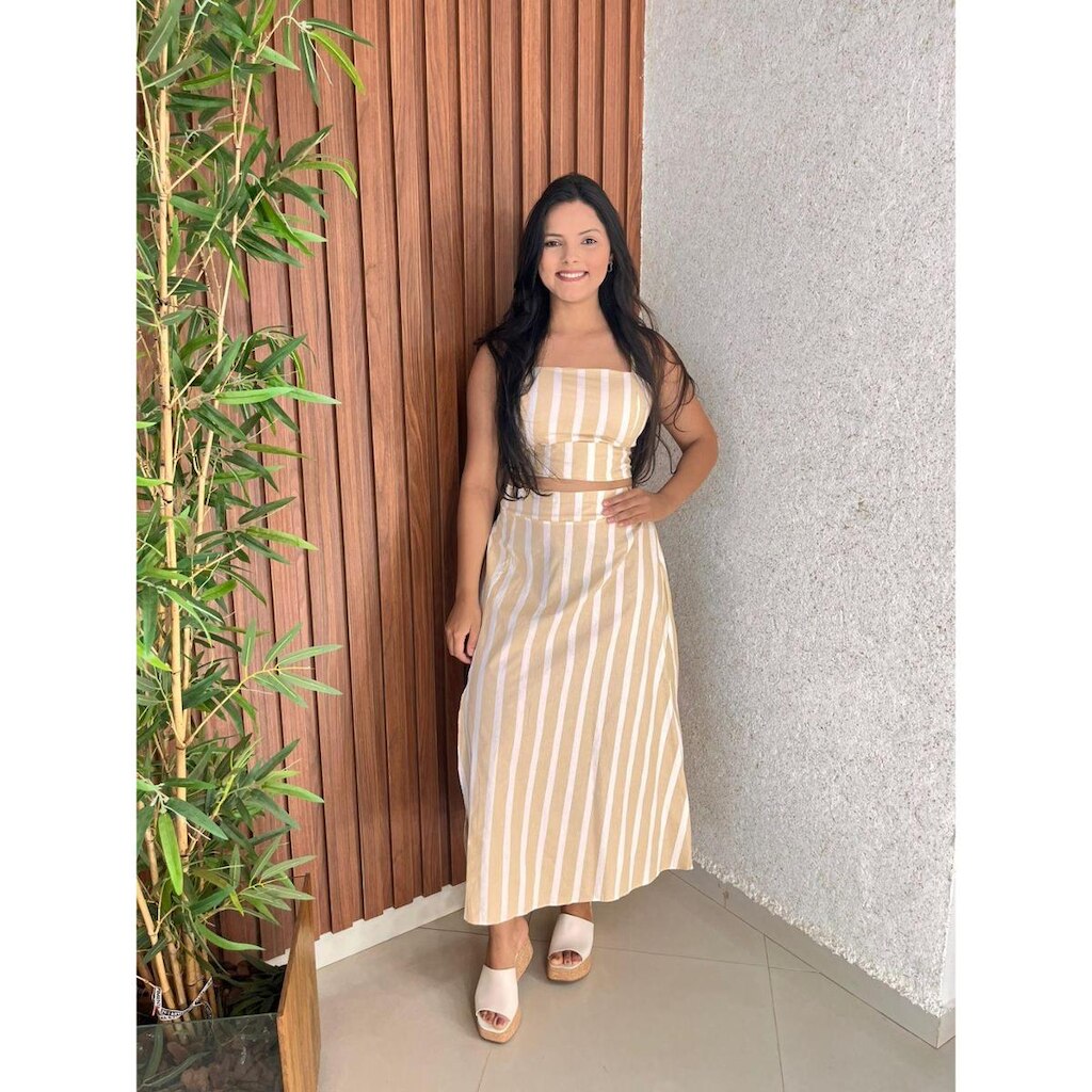 Conjunto Listrado Top Com Bojo Sia Longa Com Fenda