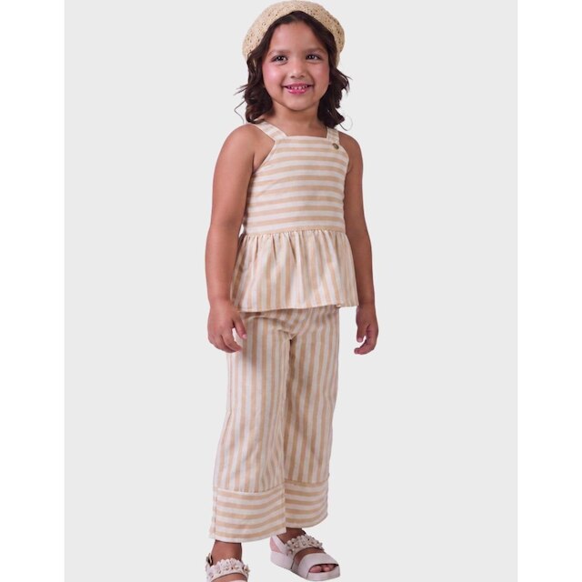 Conjunto Listras Blusa Sem Manga Alça De Apoio Elegante Com Calça Wide Suave Menina 1 a 3