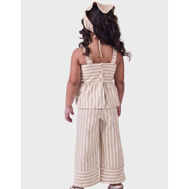 Conjunto Listras Blusa Sem Manga Alça De Apoio Elegante Com Calça Wide Suave Menina 1 a 3