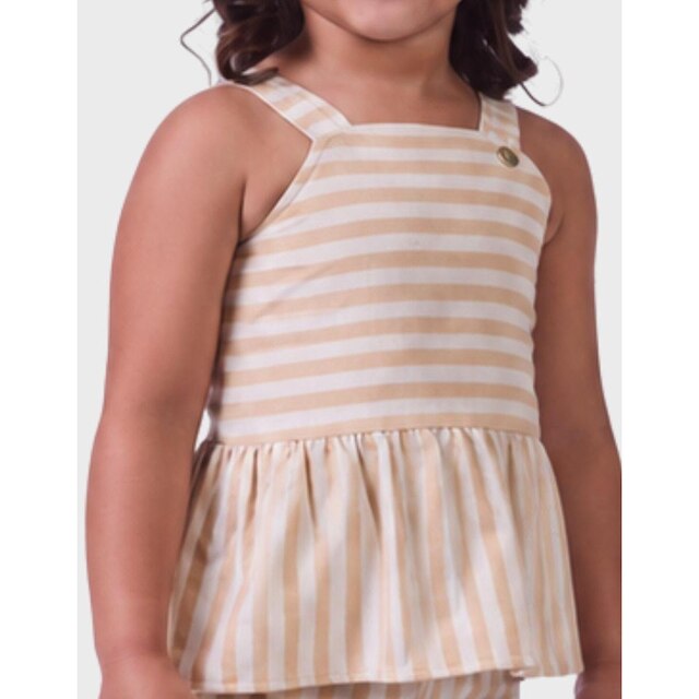 Conjunto Listras Blusa Sem Manga Alça De Apoio Elegante Com Calça Wide Suave Menina 1 a 3