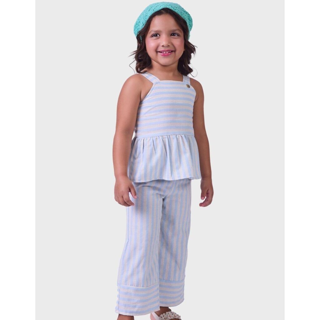 Conjunto Listras Calça Wide Toque Suave Blusa Sem Manga Alça De Apoio Elegante Menina 1 a 14