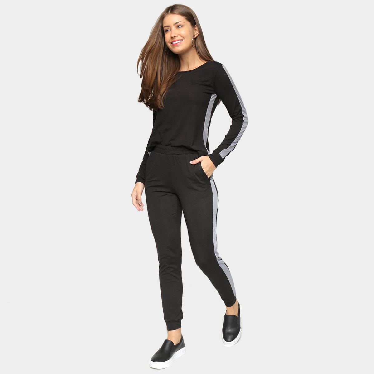 Conjunto Longo Slink Calça E Blusa Manga Longa Faixas Laterias Feminino - Preto+Cinza Menor preço em Conjunto Longo Slink Calça E Blusa Manga Longa Faixas Laterias Feminino - Preto+Cinza