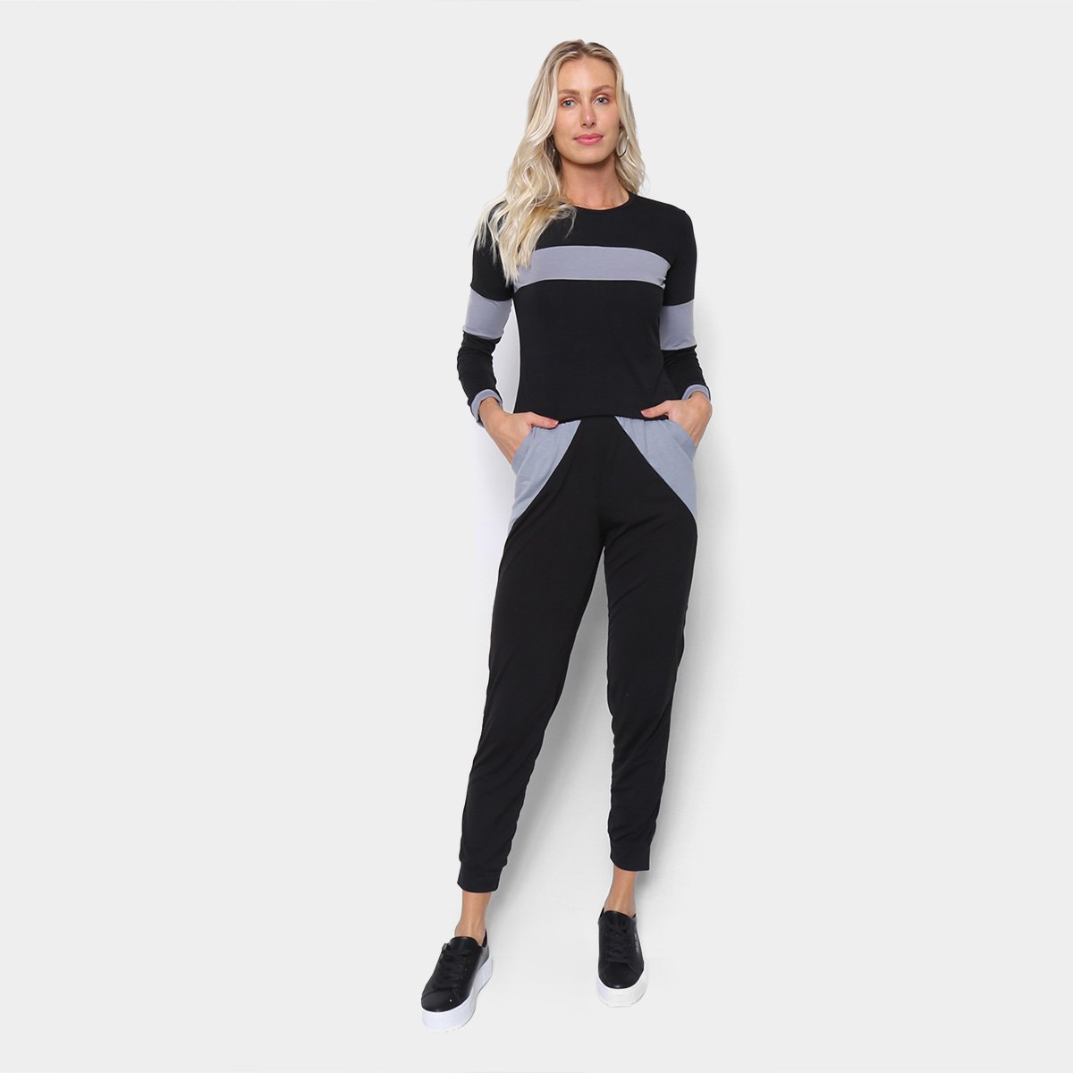 Conjunto Longo Slink Calça E Blusa Manga Longa Recorte Bolso Feminino - Preto+Cinza Menor preço em Conjunto Longo Slink Calça E Blusa Manga Longa Recorte Bolso Feminino - Preto+Cinza