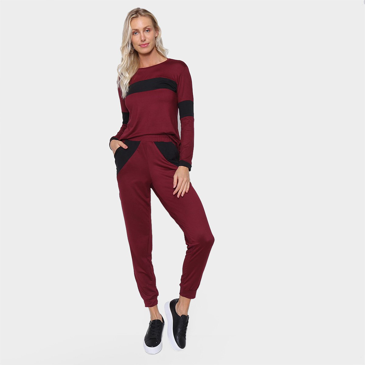 Conjunto Longo Slink Calça E Blusa Manga Longa Recorte Bolso Feminino - Vinho+Preto Menor preço em Conjunto Longo Slink Calça E Blusa Manga Longa Recorte Bolso Feminino - Vinho+Preto
