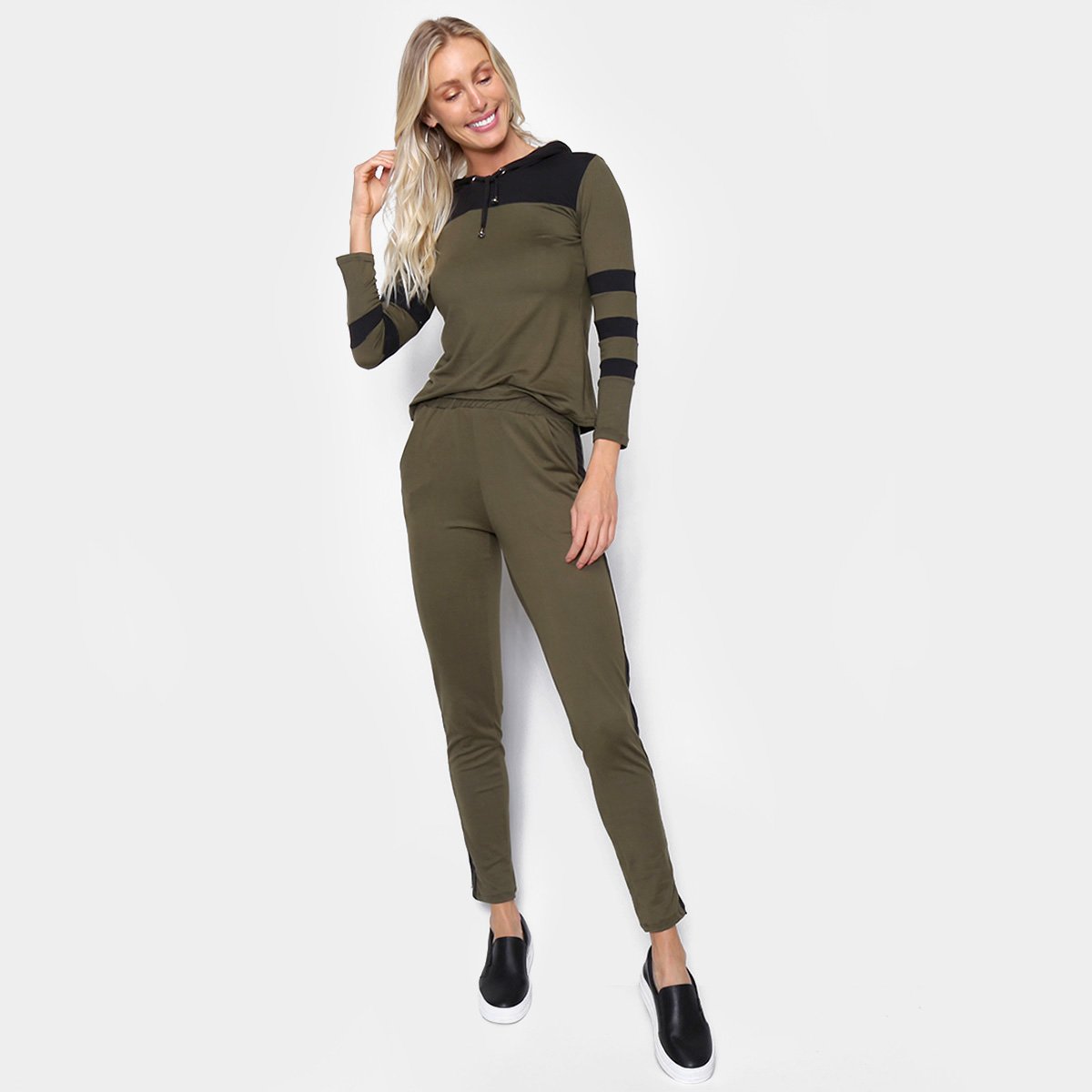 Conjunto Longo Slinks Faixas Com Capuz Feminino - Verde+Preto Menor preço em Conjunto Longo Slinks Faixas Com Capuz Feminino - Verde+Preto