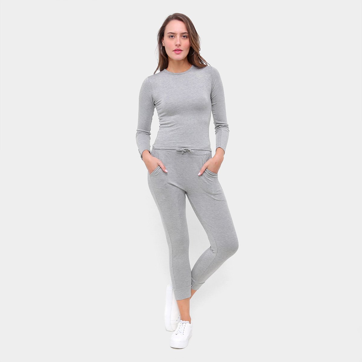 Conjunto Longo Volare Blusa E Calça Básico Feminino - Mescla Menor preço em Conjunto Longo Volare Blusa E Calça Básico Feminino - Mescla