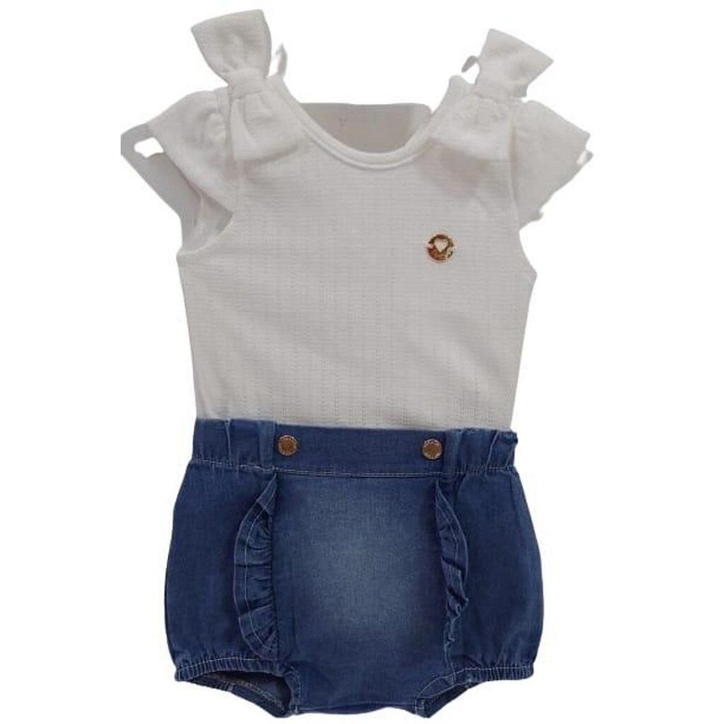 Conjunto Luxo Body + Shorts Jeans Bebê Menina Paraiso 13893