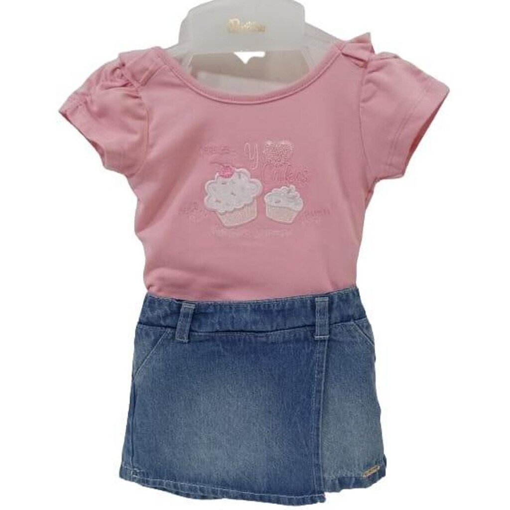 Conjunto Luxo Body + Shorts Jeans Bebê Menina Paraiso 13975