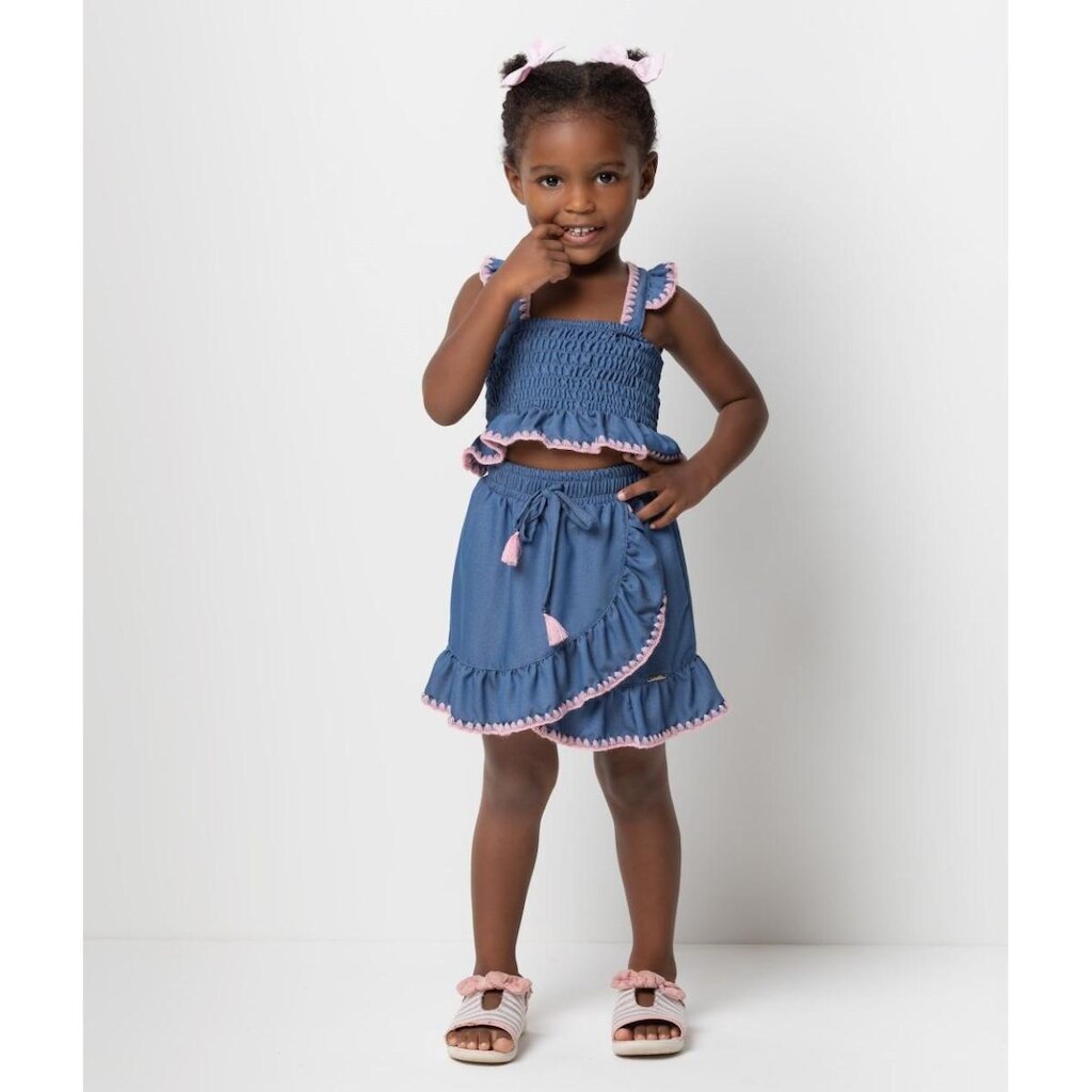 Conjunto Luxo Infantil Menina Jeans Cropped Shorts Saia 8022 - Azul - TAM 12 ANOS