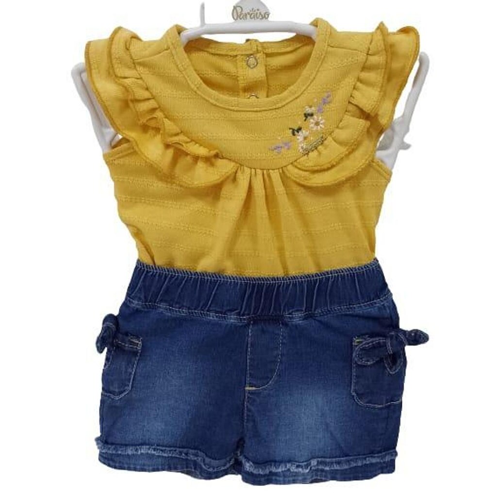 Conjunto Luxo Shorts Jeans + Body Bebê Menina Paraiso 13980