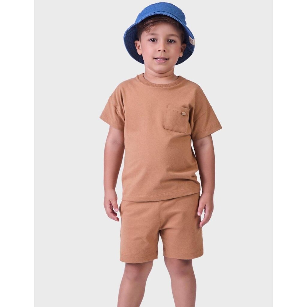 Conjunto Malha Toque Aveludado Camisa Manga Curta Estilosa Com Bermuda Confortável Menino 1 a 14