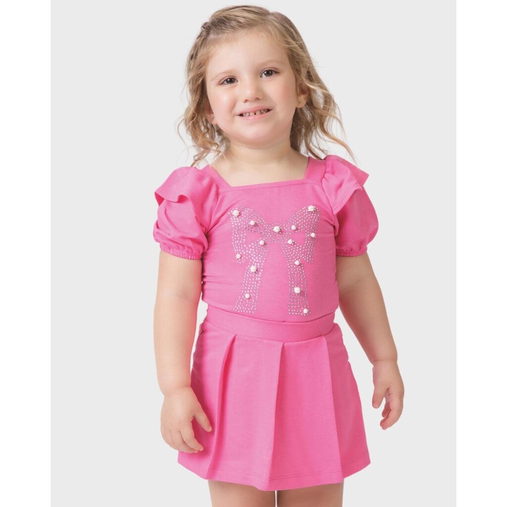 Conjunto Marbella blusa e shorts saia fofo leve delicado casual - Pink e Verde - Menina 1 a 4 anos