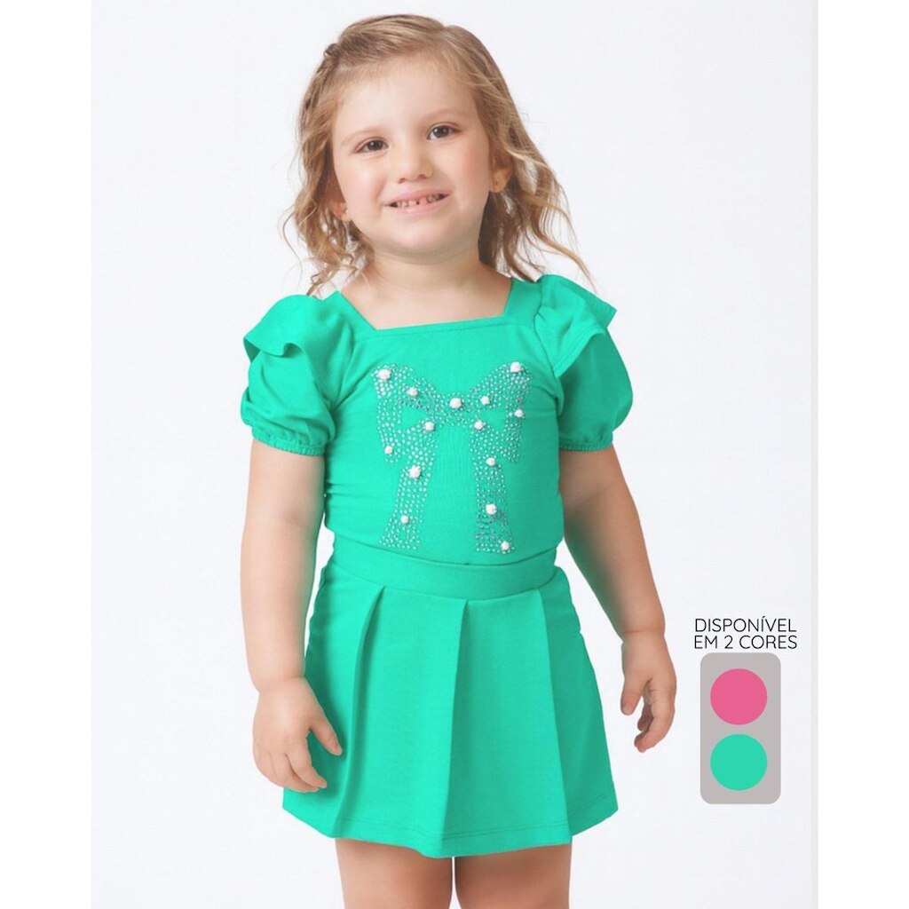 Conjunto Marbella blusa e shorts saia fofo leve delicado casual - Pink e Verde - Menina 1 a 4 anos