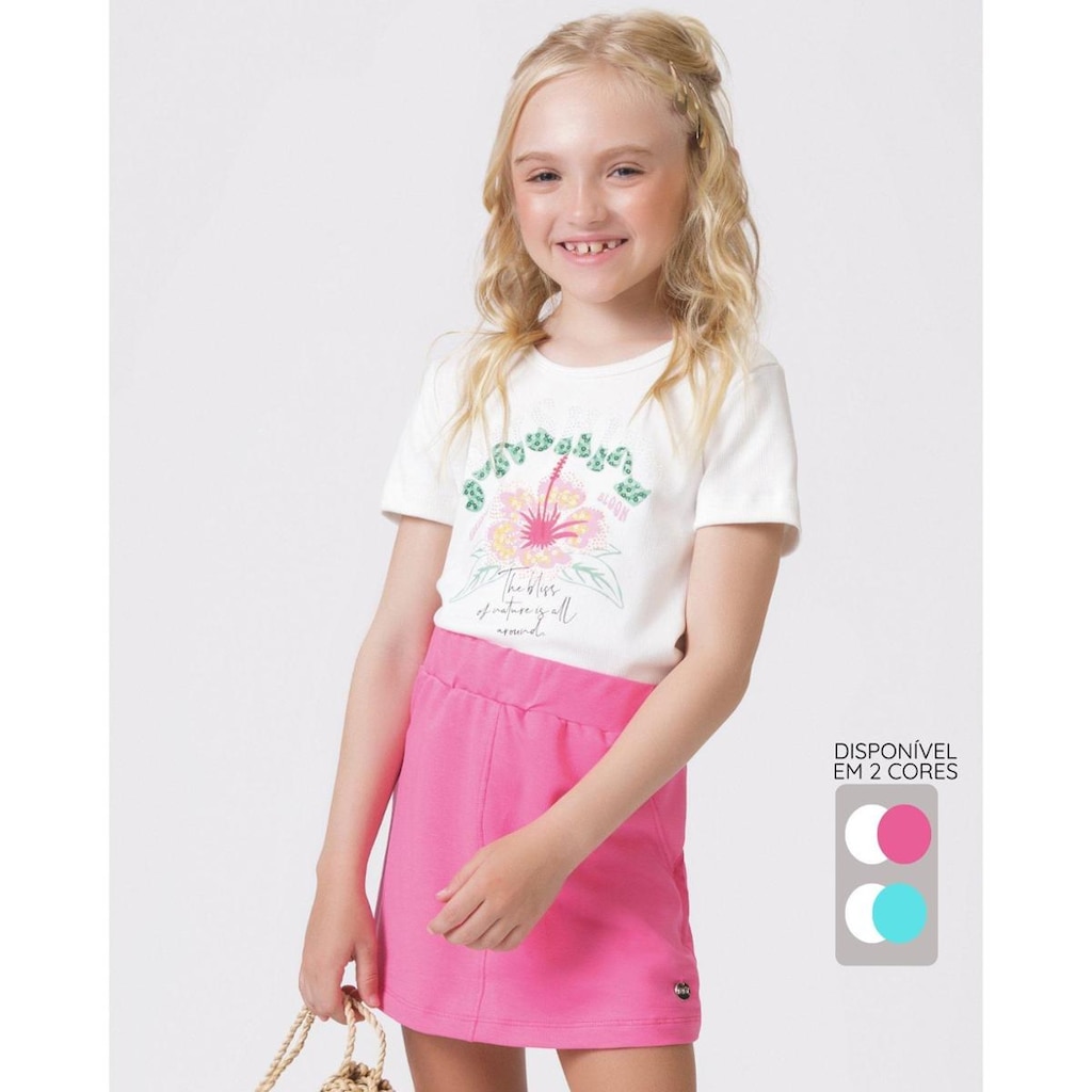 Conjunto menina blusa flor bermuda verão delicado leve fofo - Pink e Verde - Menina 4 a 14 anos