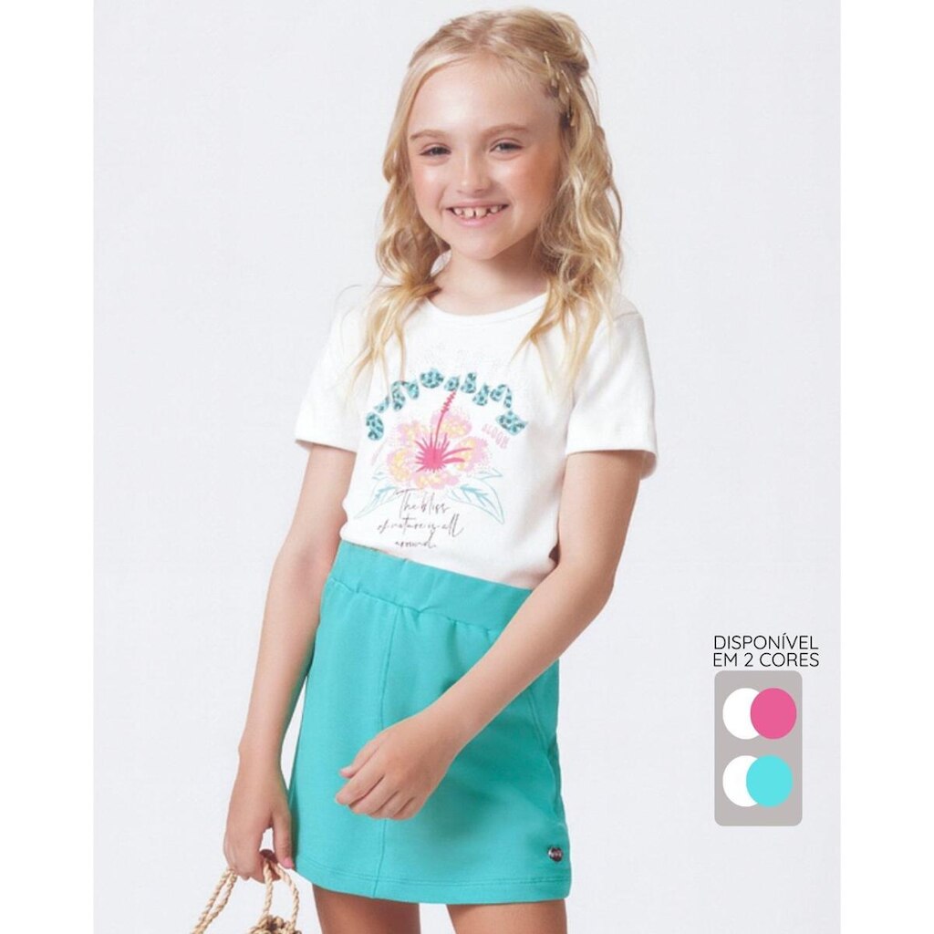 Conjunto menina blusa flor bermuda verão delicado leve fofo - Pink e Verde - Menina 4 a 14 anos