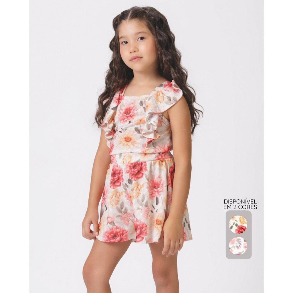 Conjunto menina flores blusa babado saia verão fofo leve - Vermelho e Rosa - Menina 4 a 14 anos