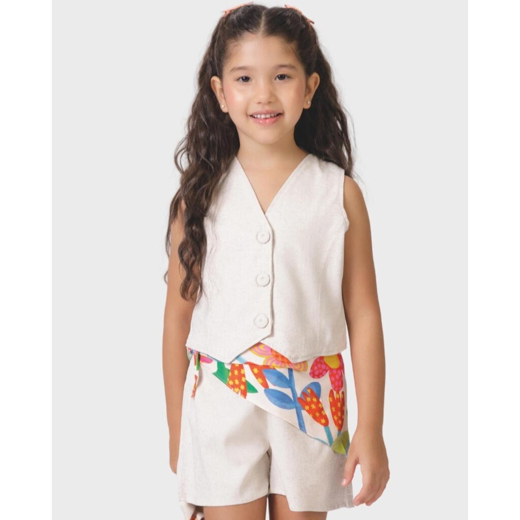 Conjunto meninacolete shorts linho com lenço verão leve - OffWhite e Vermelho - Menina 4 a 14 anos