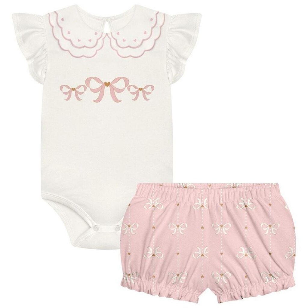 Conjunto Milon Body e Short Lacinhos Off White e Rosa