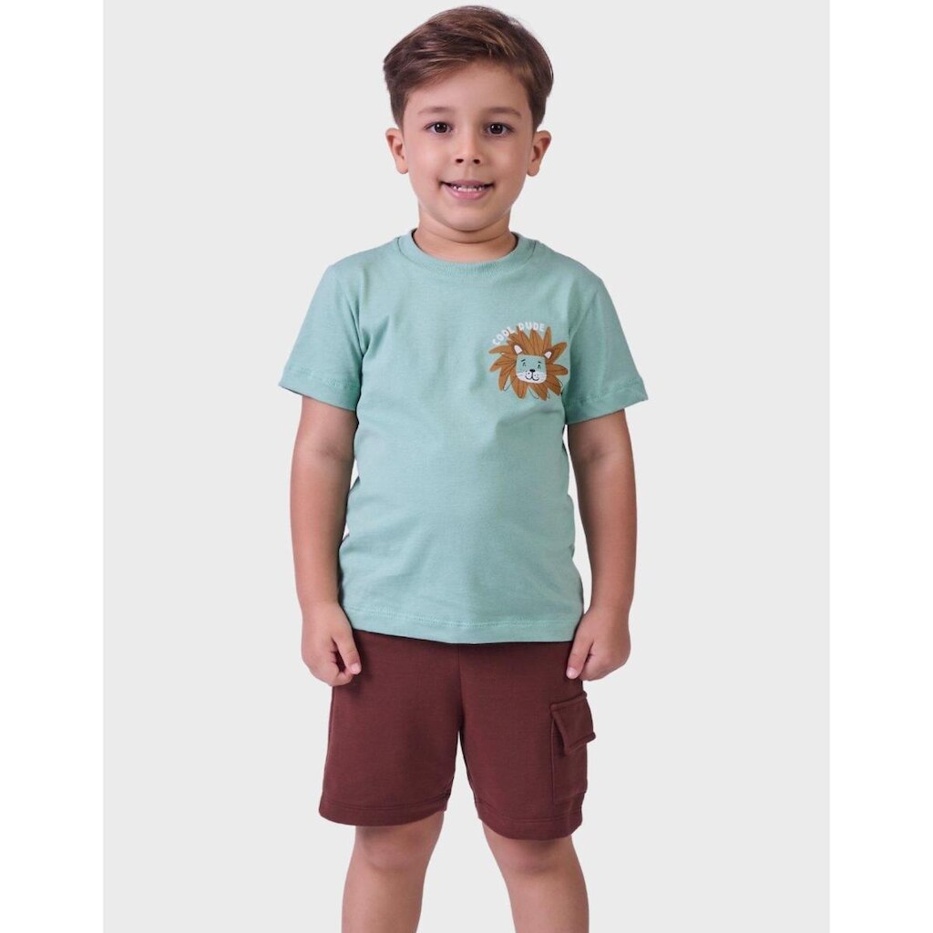 Conjunto Moda De Verão Camisa Estilo Meia Malha Estampada Com Bermuda Moletinho Menino 1 a 4
