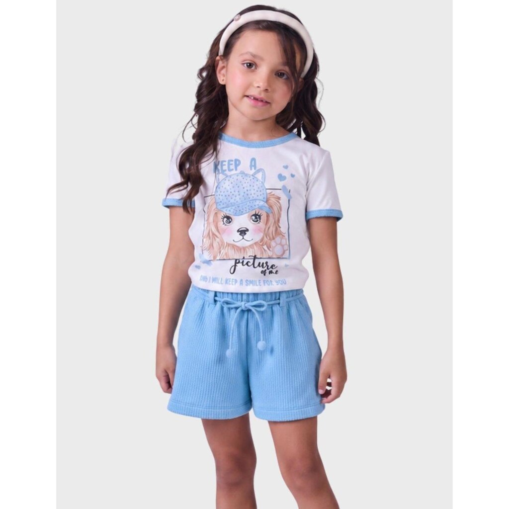 Conjunto Moda Verão Blusa Crepe Estampa Cachorrinho Com Shorts Malha Anarruga Estilosa Menina 4 a 14