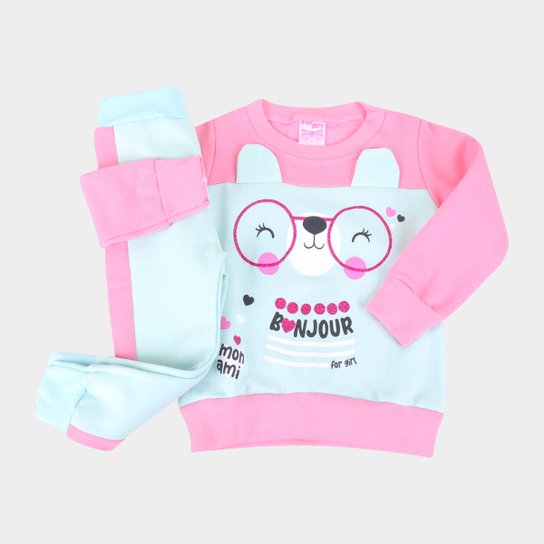 Conjunto Moletom Bebê For Girl Bonjour Feminino - Rosa