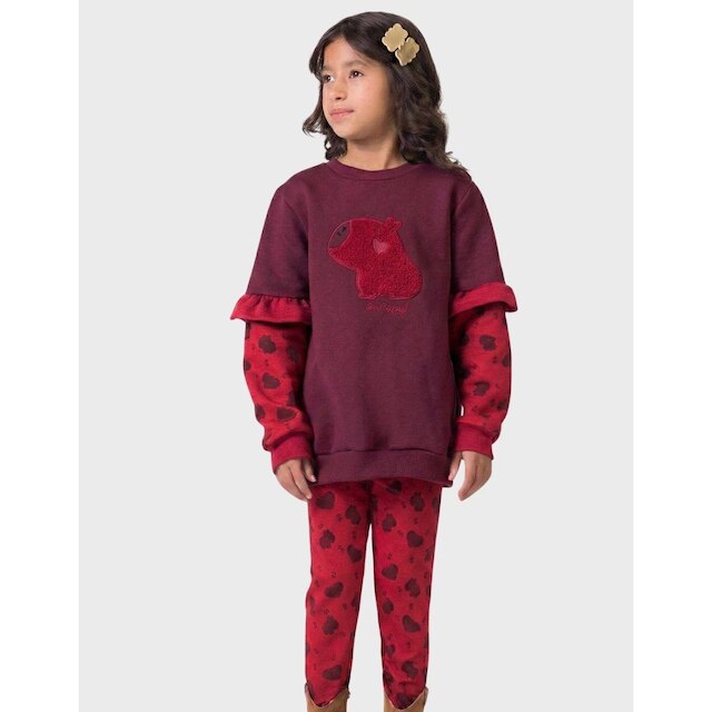 Conjunto Moletom Estampa Capivara Com Calça Quentinha Inverno Novo - Menina 4 a 14 anos