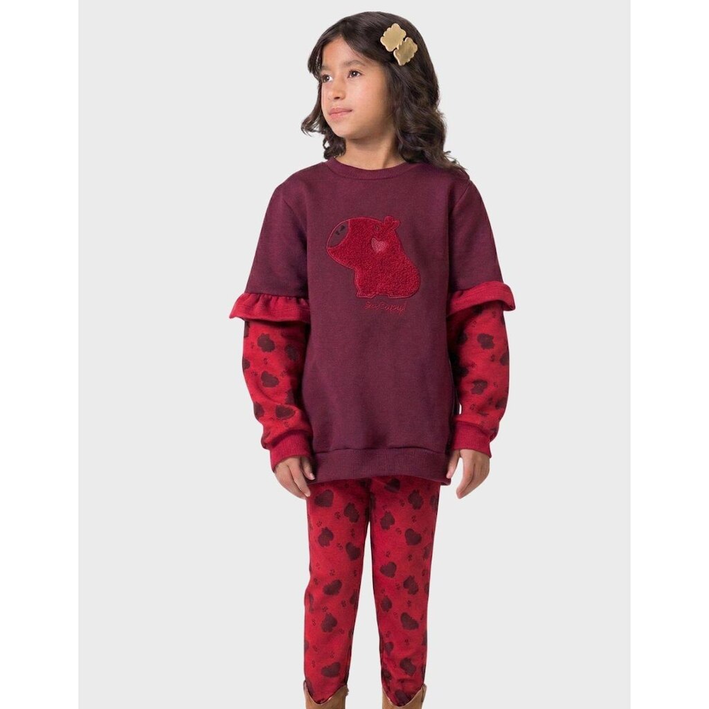 Conjunto Moletom Estampa Capivara Com Calça Quentinha Inverno Novo - Menina 4 a 14 anos