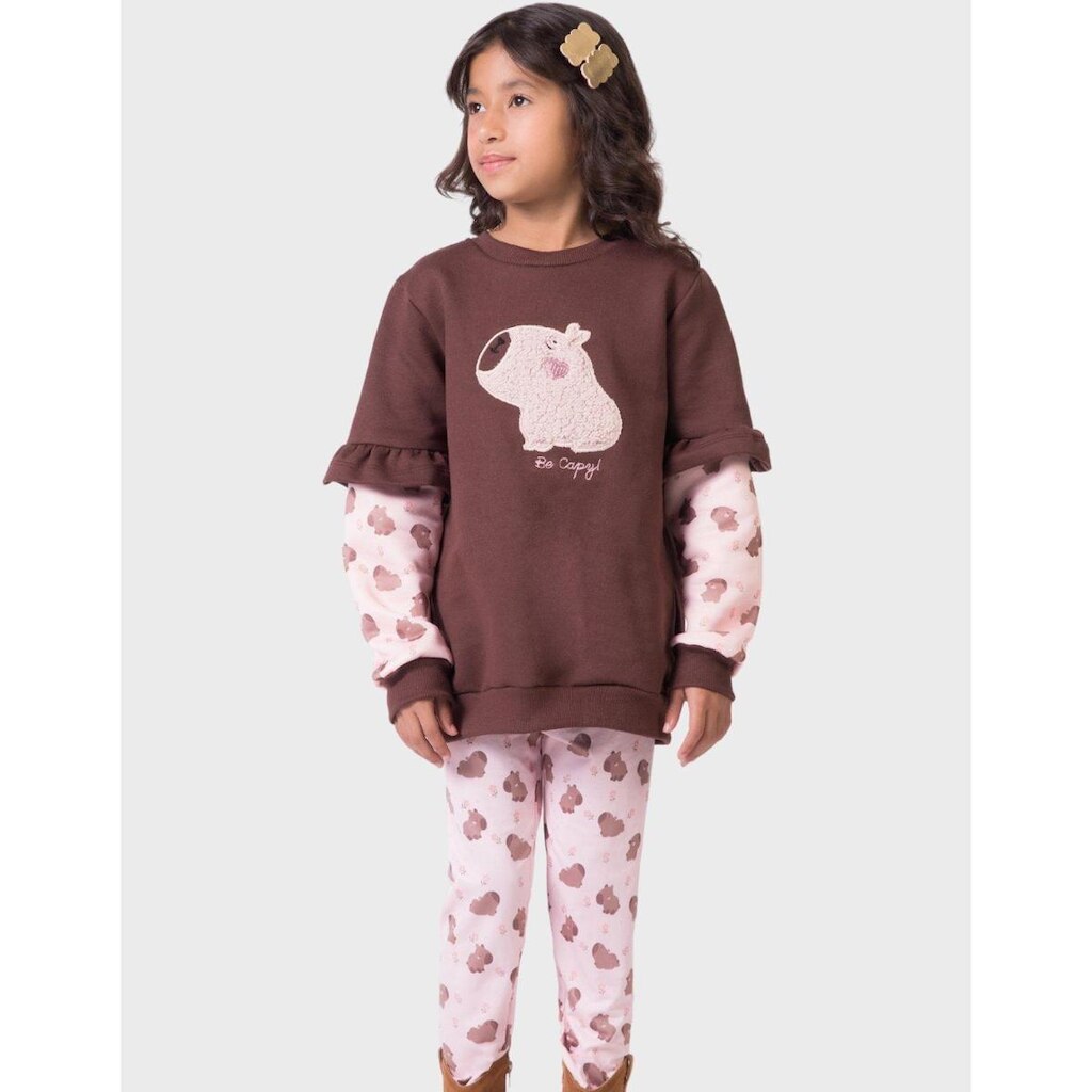Conjunto Moletom Estampa Capivara Com Calça Quentinha Inverno Novo - Menina 4 a 14 anos