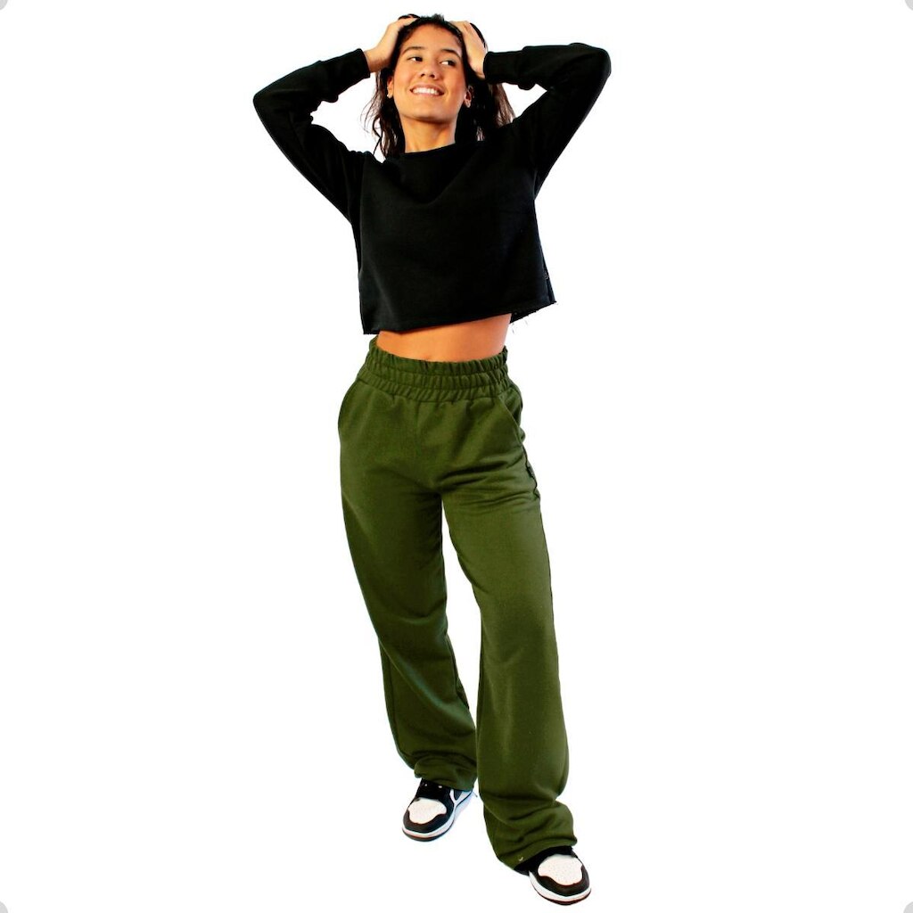 Conjunto Moletom Feminino Blusa Cropped e Calça Pantalona