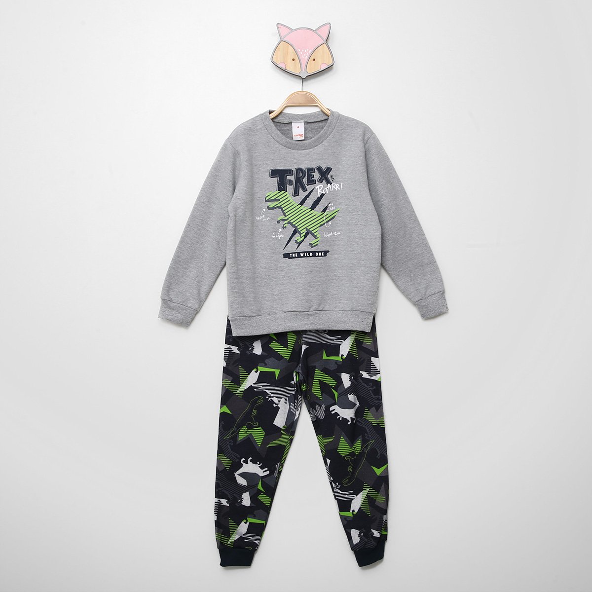 Conjunto Moletom Infantil Longo Marisol T-Rex Menino - Mescla Menor preço em Conjunto Moletom Infantil Longo Marisol T-Rex Menino - Mescla
