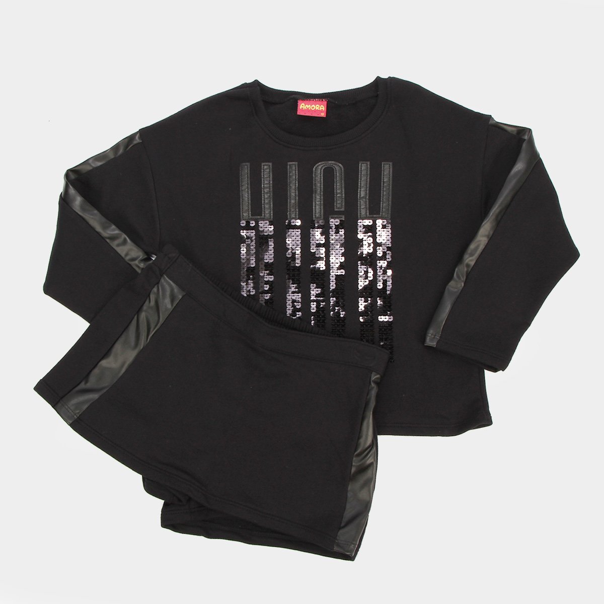 Conjunto Moletom Juvenil Amora Curto Peluciado Detalhe Em Courino Feminino - Preto Menor preço em Conjunto Moletom Juvenil Amora Curto Peluciado Detalhe Em Courino Feminino - Preto