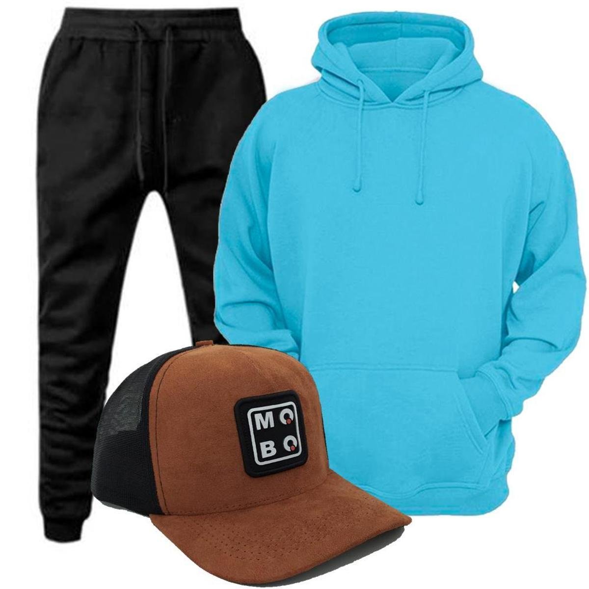 Conjunto Moletom Liso Algodão Calça Moleton Capuz Boné Trucker Preto Branco - Azul Claro Menor preço em Conjunto Moletom Liso Algodão Calça Moleton Capuz Boné Trucker Preto Branco - Azul Claro