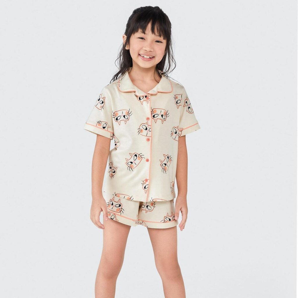 Conjunto Pijama Curto Infantil Menina Bege Gatinha Hering