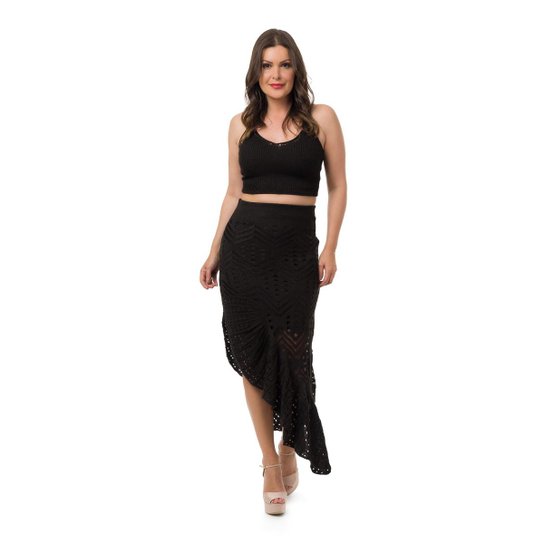 Conjunto Pink Tricot Saia Longa Espanhola Cropped Alças Feminino - Preto