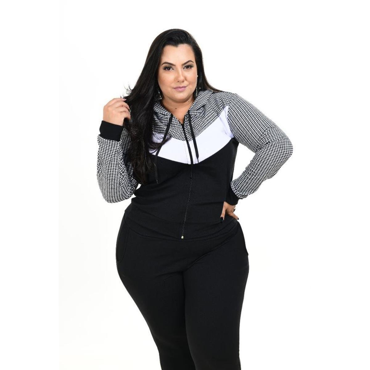 Conjunto Plus Size Malha Crepe Blusa Calça Bolso Zíper Capuz Zattini
