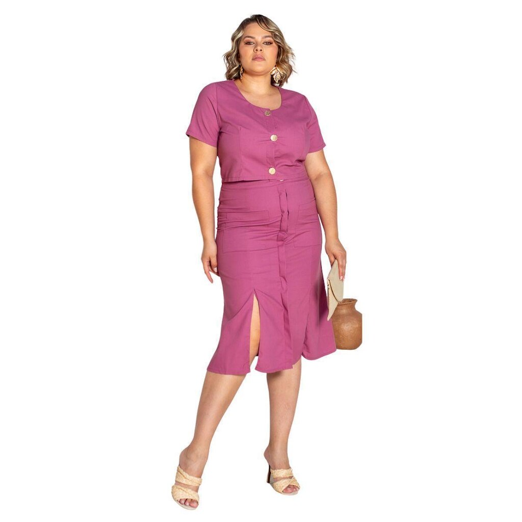 CONJUNTO PLUS SIZE TOP CROPPED E SAIA COM FENDAS BOTÕES EM LINHO PREMIUM ELEGANTE