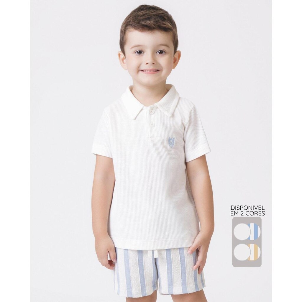 Conjunto polo Aurora bermuda tweed Cala verão leve estiloso - Azul e Mostarda - Menino 1 a 4 anos