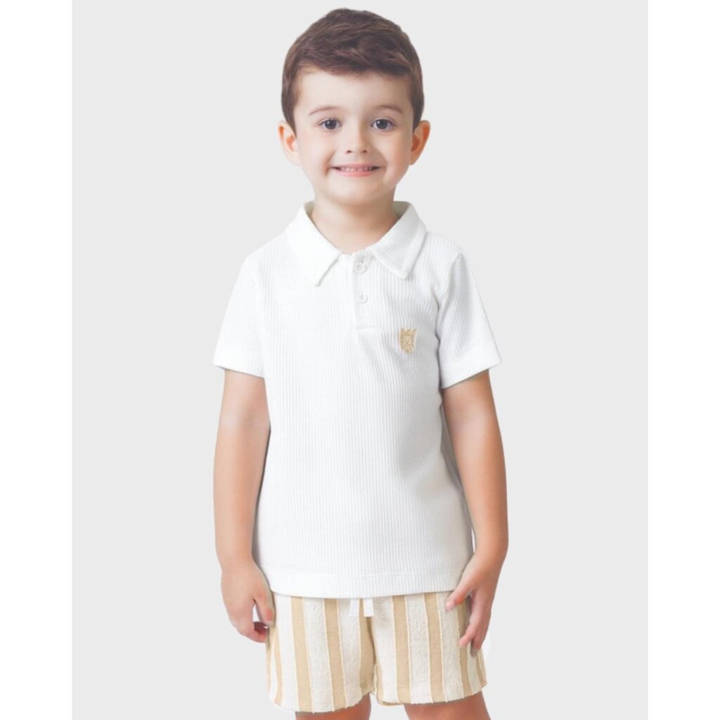 Conjunto polo Aurora bermuda tweed Cala verão leve estiloso - Azul e Mostarda - Menino 1 a 4 anos