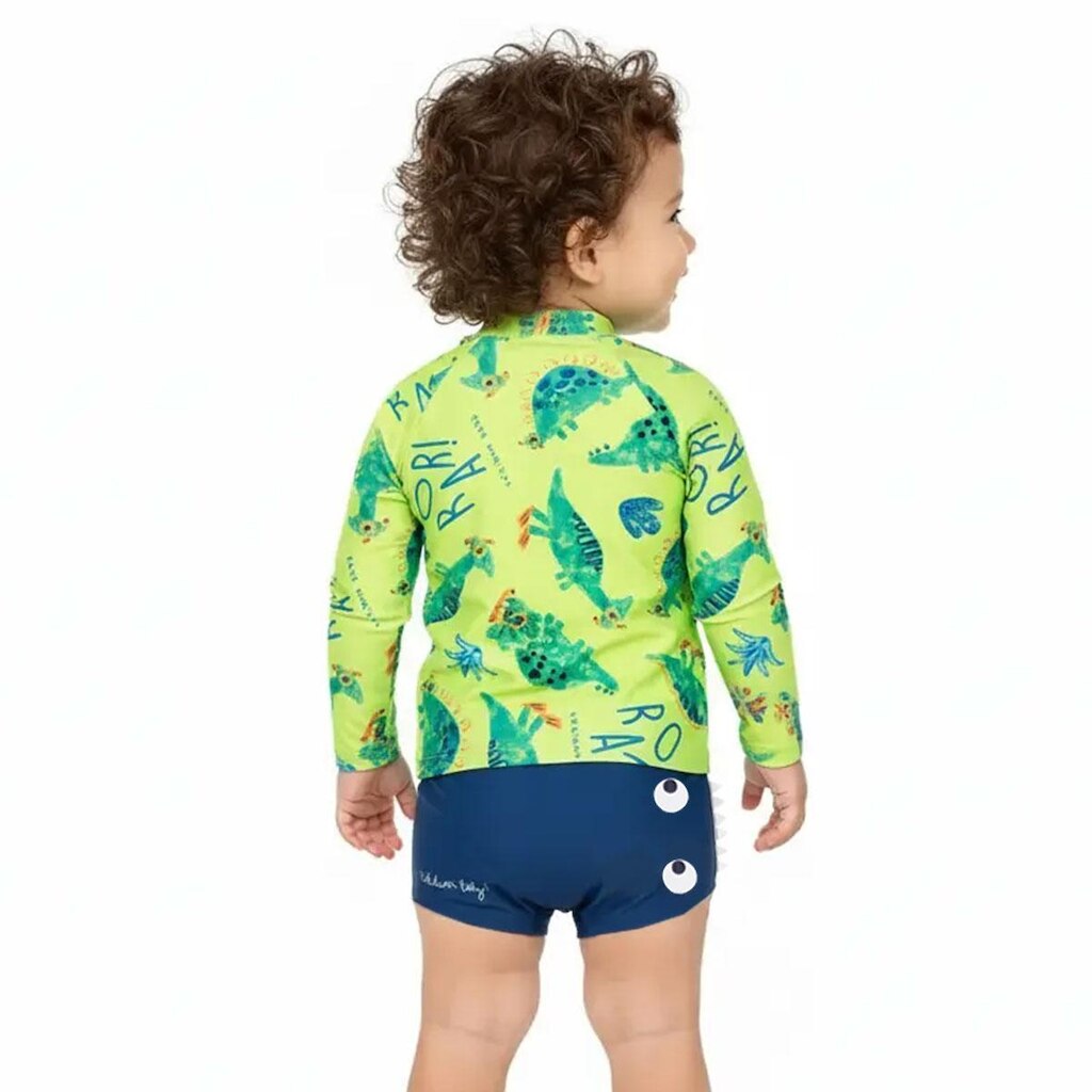 Conjunto Praia Bebê Proteção UV50+ Dinossauros Amarelo Neon Kamylus