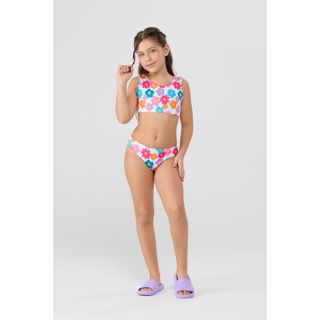 Conjunto Praia Infantil Feminino UV50+ Top Nadador Floral