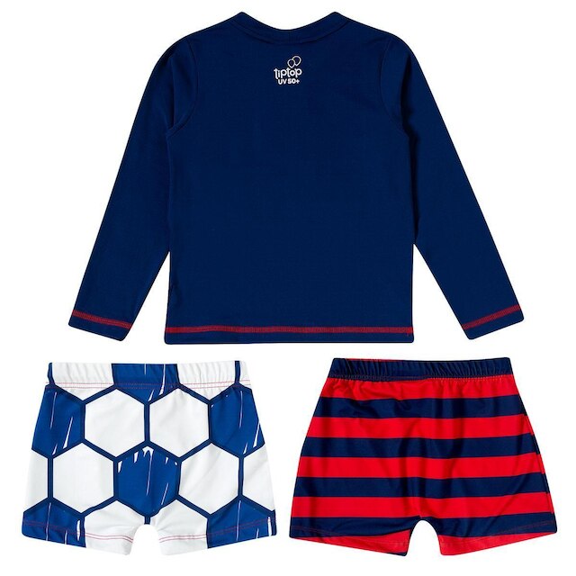 Conjunto Praia Infantil Menino Proteção UV Camiseta e 2 Sungas Football Marinho Tip Top