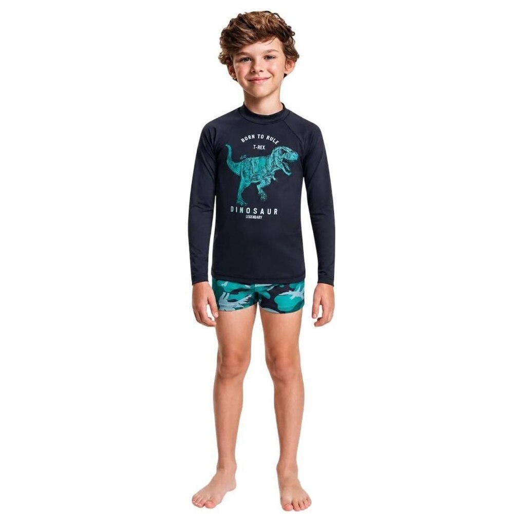Conjunto Praia Menino Camiseta UV Sunga Dinossauro Divertto