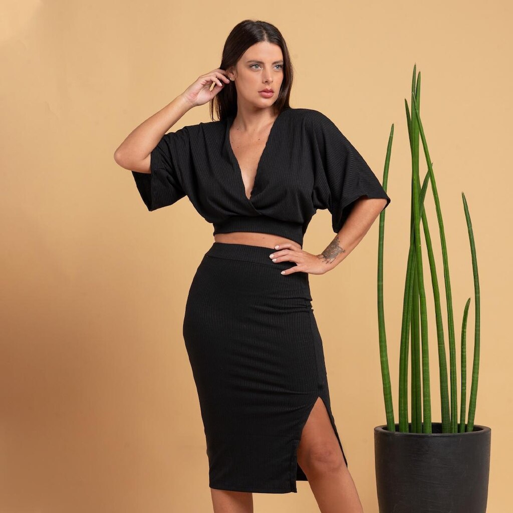 Conjunto Saia + Blusa Morcego Feminino Cropped Envelope Saia Fenda