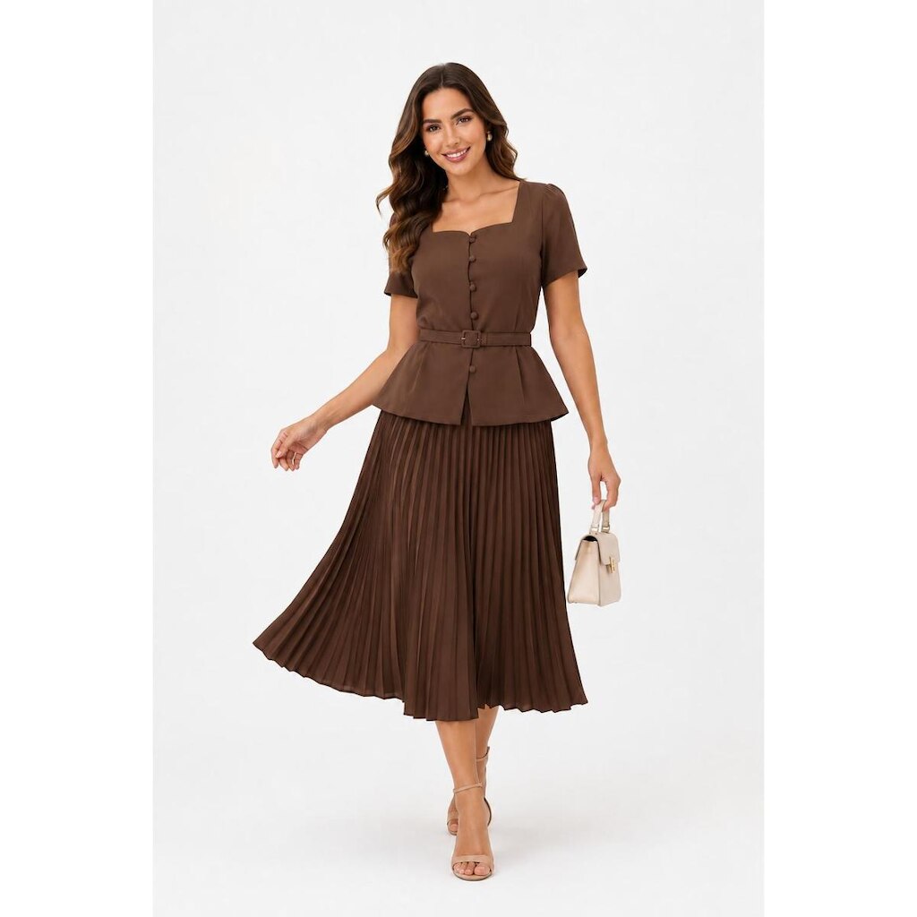 Conjunto Saia Midi D Bell Outlet Fashion Plissada Marrom